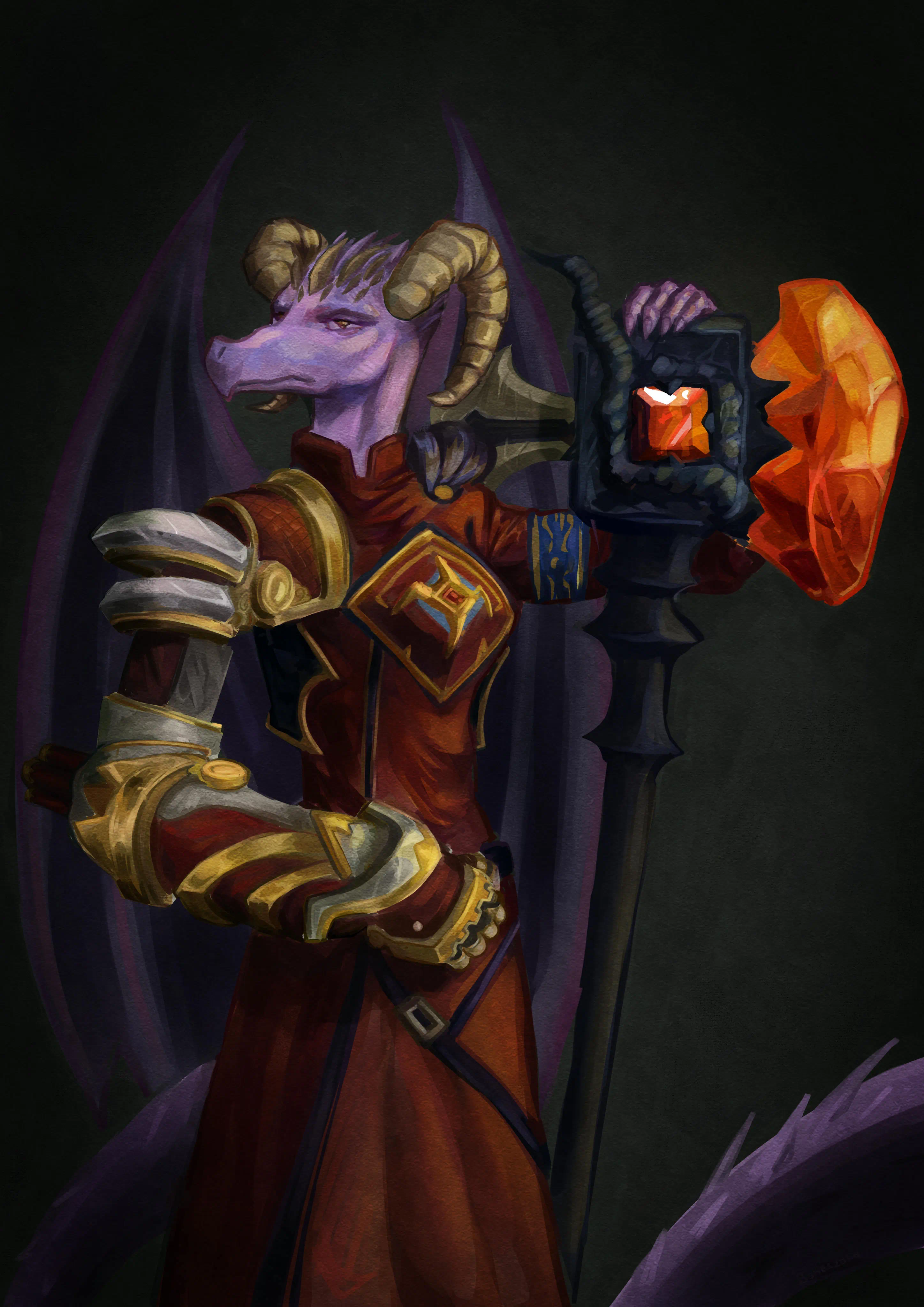 2D digital illustration of a dragonborn dnd character wielding a great hammer